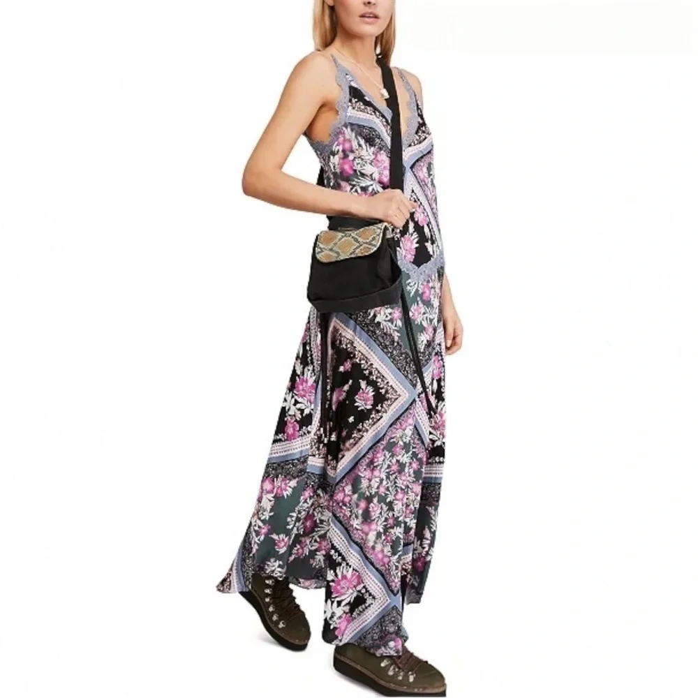 NWT Free People Intimately Stevie Printed Maxi Slip Dress Size S Graphite Combo